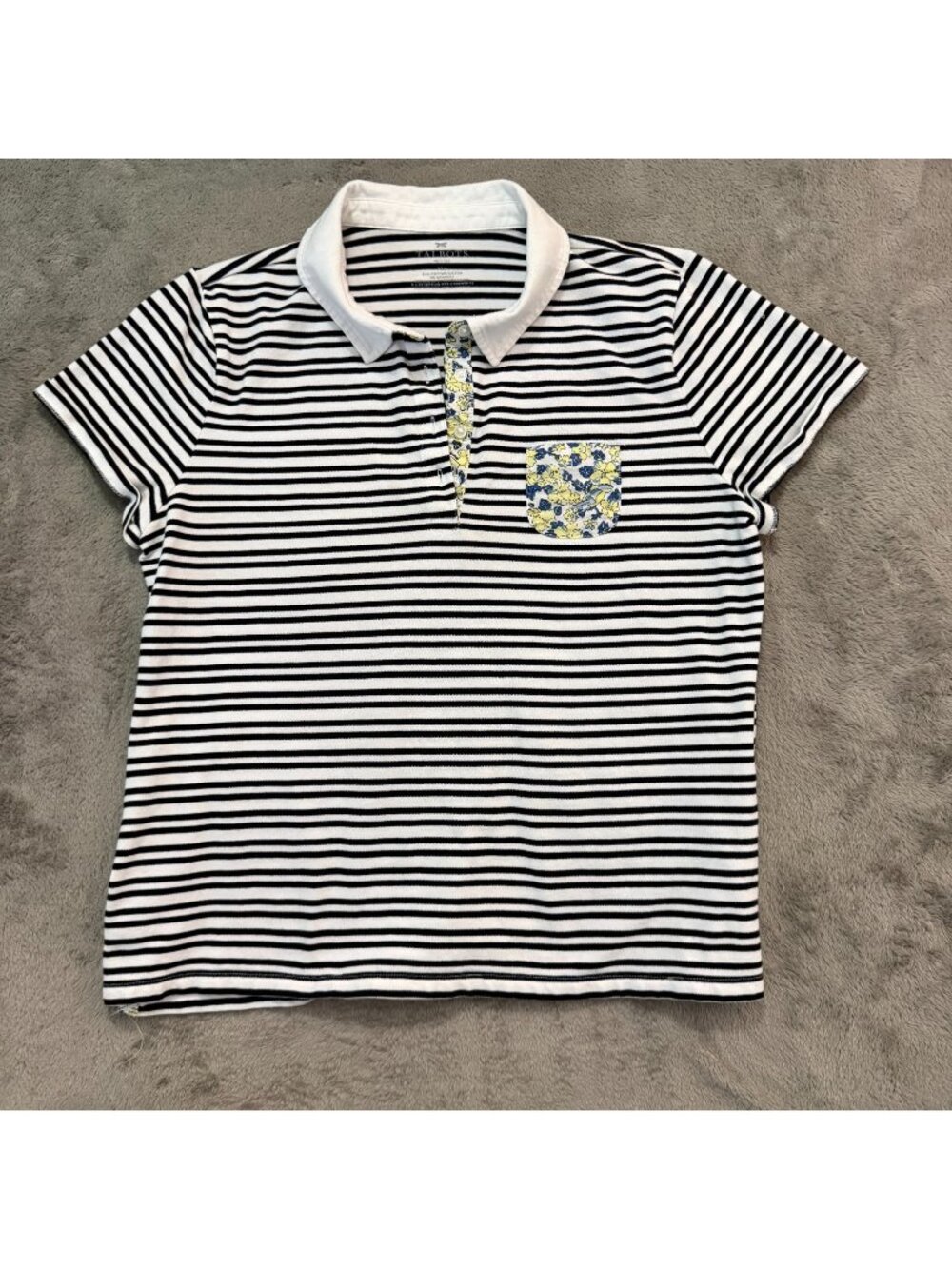 Talbots Black White Striped Floral Pocket Polo Shirt XLP XL Petite
